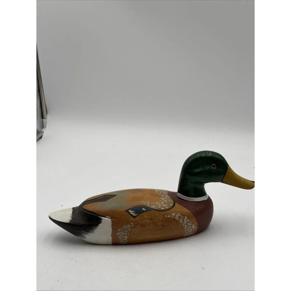 Vintage Carved Wooden Painted Mallard Solid Wood w/ Glass Eyes Duck Decoy